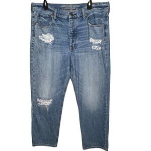 American Eagle AEO Tomboy Straight Leg Distressed Women’s Denim Blue Jeans Sz 14